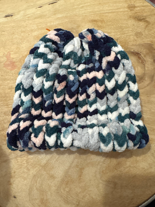 Green, white and blue Chenille baby hat