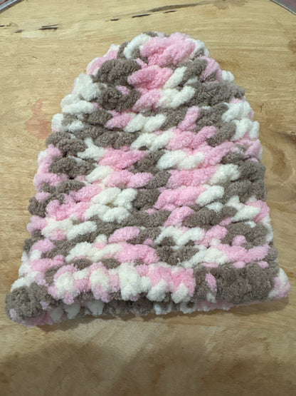 Pink, white and brown Chenille baby hat